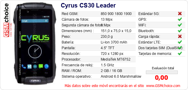 Cyrus CS30 Leader Datos técnicos del móvil Cyrus CS30 Leader Datos técnicos del móvil