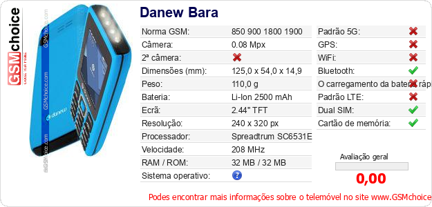 Danew Bara Especificações técnicas do telemóvel Danew Bara Especificações técnicas do telemóvel