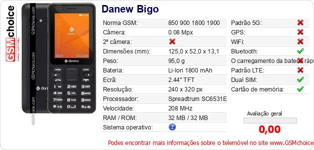 Danew Bigo Especificações técnicas do telemóvel Danew Bigo Especificações técnicas do telemóvel