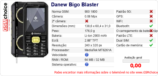 Danew Bigo Blaster Especificações técnicas do telemóvel Danew Bigo Blaster Especificações técnicas do telemóvel