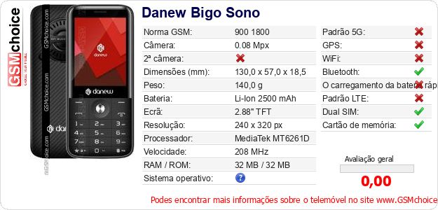 Danew Bigo Sono Especificações técnicas do telemóvel 
