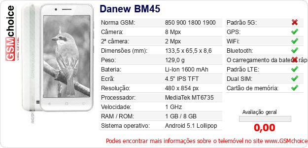 Danew BM45 Especificações técnicas do telemóvel 