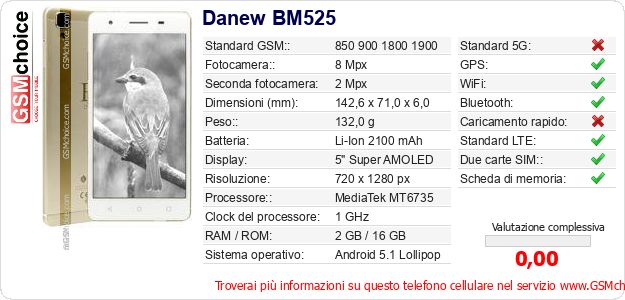 Danew BM525 Dati tecnici di telefono cellulare 