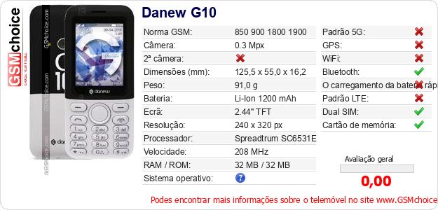 Danew G10 Especificações técnicas do telemóvel Danew G10 Especificações técnicas do telemóvel