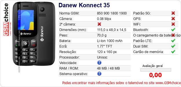 Danew Konnect 35 Especificações técnicas do telemóvel Danew Konnect 35 Especificações técnicas do telemóvel