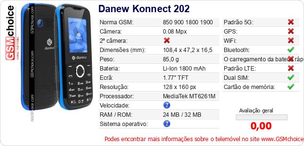 Danew Konnect 202 Especificações técnicas do telemóvel Danew Konnect 202 Especificações técnicas do telemóvel