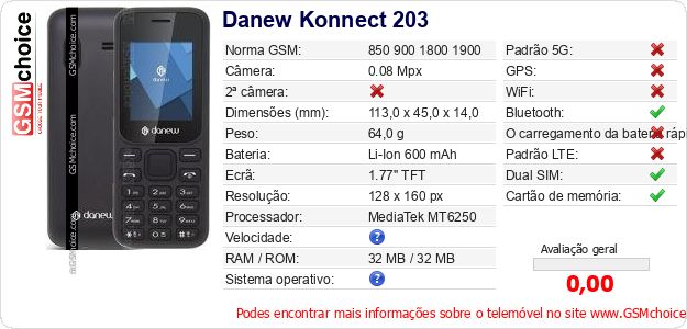 Danew Konnect 203 Especificações técnicas do telemóvel Danew Konnect 203 Especificações técnicas do telemóvel