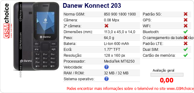 Danew Konnect 203 Especificações técnicas do telemóvel Danew Konnect 203 Especificações técnicas do telemóvel