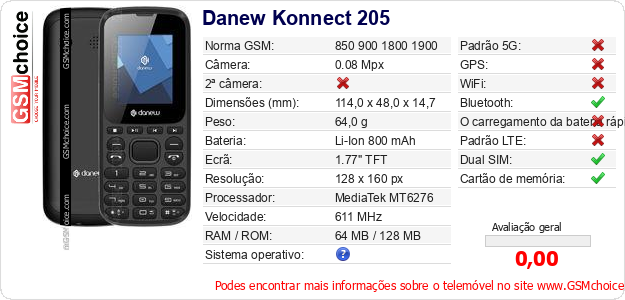Danew Konnect 205 Especificações técnicas do telemóvel Danew Konnect 205 Especificações técnicas do telemóvel