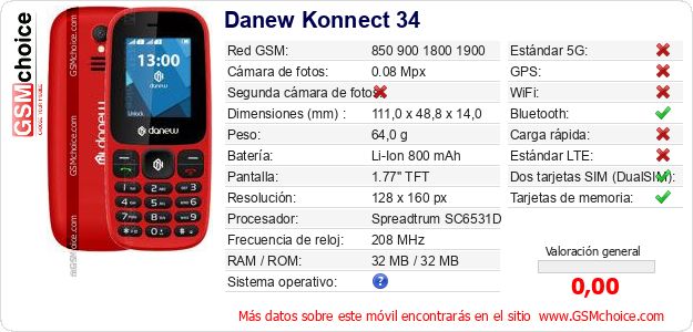 Danew Konnect 34 Datos técnicos del móvil Danew Konnect 34 Datos técnicos del móvil
