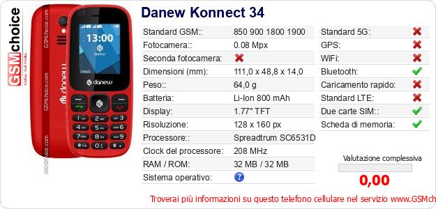 Danew Konnect 34 Dati tecnici di telefono cellulare 