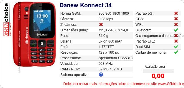 Danew Konnect 34 Especificações técnicas do telemóvel Danew Konnect 34 Especificações técnicas do telemóvel