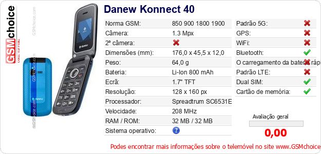 Danew Konnect 40 Especificações técnicas do telemóvel Danew Konnect 40 Especificações técnicas do telemóvel