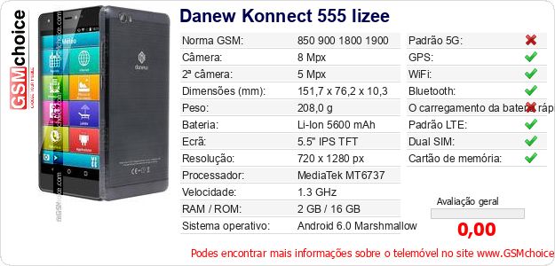 Danew Konnect 555 Iizee Especificações técnicas do telemóvel Danew Konnect 555 Iizee Especificações técnicas do telemóvel