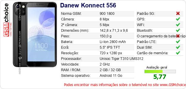 Danew Konnect 556 Especificações técnicas do telemóvel Danew Konnect 556 Especificações técnicas do telemóvel