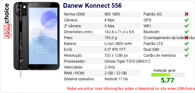 Danew Konnect 556 Especificações técnicas do telemóvel 