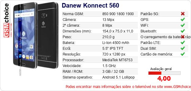 Danew Konnect 560 Especificações técnicas do telemóvel Danew Konnect 560 Especificações técnicas do telemóvel
