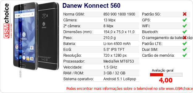 Danew Konnect 560 Especificações técnicas do telemóvel 