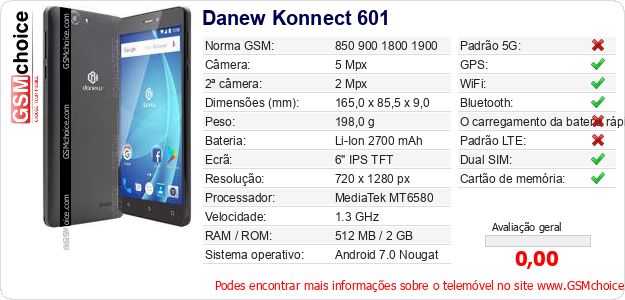 Danew Konnect 601 Especificações técnicas do telemóvel Danew Konnect 601 Especificações técnicas do telemóvel