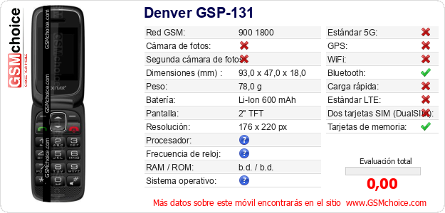Denver GSP-131 Datos técnicos del móvil 