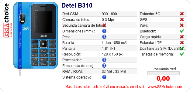 Detel B310 Datos técnicos del móvil Detel B310 Datos técnicos del móvil