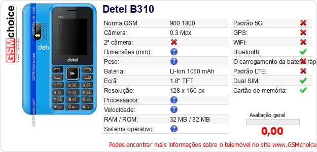 Detel B310 Especificações técnicas do telemóvel Detel B310 Especificações técnicas do telemóvel