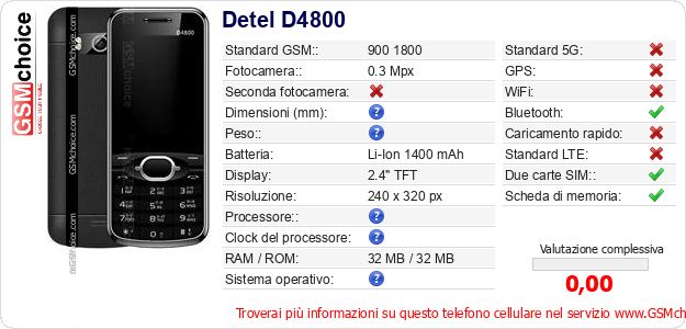 Detel D4800 Dati tecnici di telefono cellulare Detel D4800 Dati tecnici di telefono cellulare