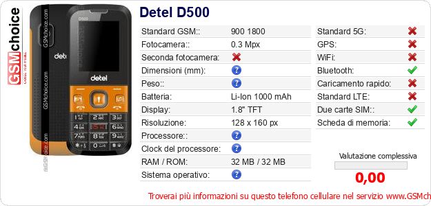 Detel D500 Dati tecnici di telefono cellulare Detel D500 Dati tecnici di telefono cellulare