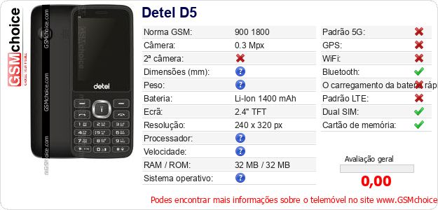 Detel D5 Especificações técnicas do telemóvel Detel D5 Especificações técnicas do telemóvel