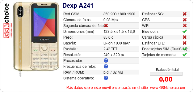 Dexp A241 Datos técnicos del móvil Dexp A241 Datos técnicos del móvil
