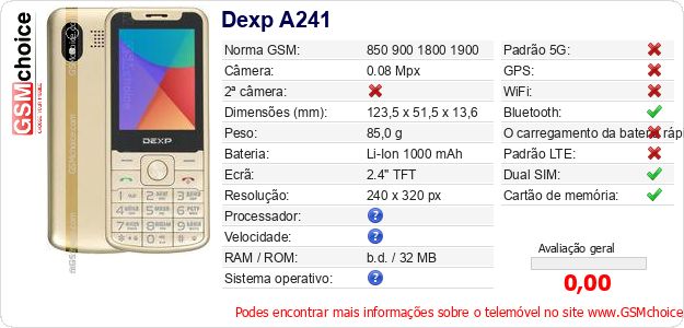 Dexp A241 Especificações técnicas do telemóvel Dexp A241 Especificações técnicas do telemóvel