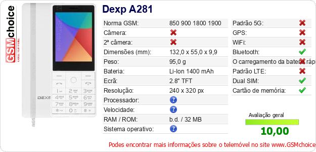 Dexp A281 Especificações técnicas do telemóvel 