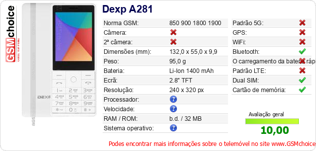 Dexp A281 Especificações técnicas do telemóvel 