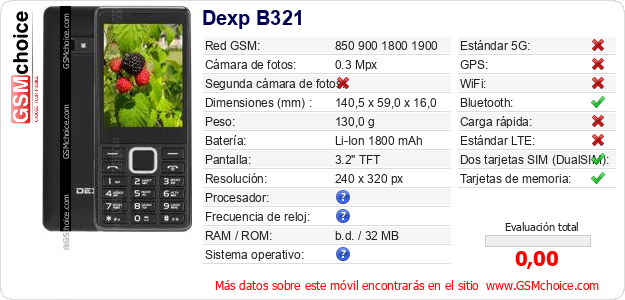 Dexp B321 Datos técnicos del móvil 
