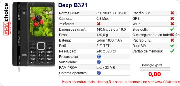 Dexp B321 Especificações técnicas do telemóvel Dexp B321 Especificações técnicas do telemóvel