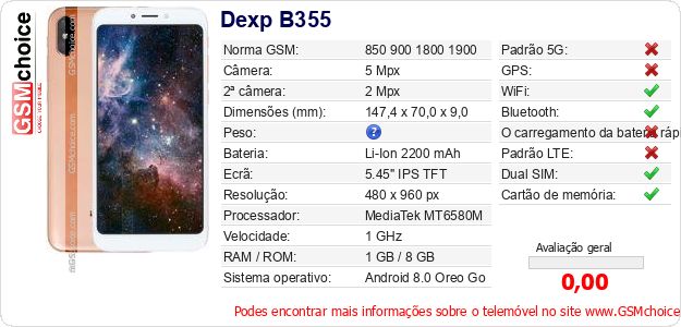 Dexp B355 Especificações técnicas do telemóvel 