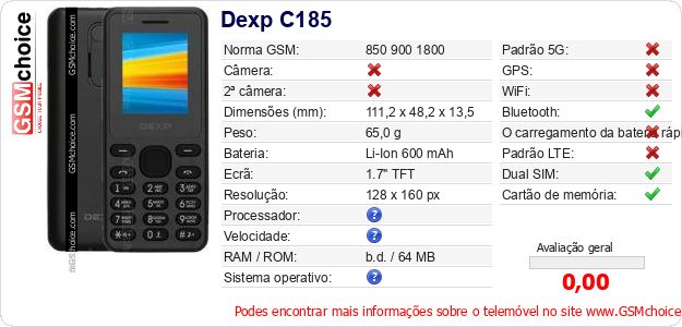 Dexp C185 Especificações técnicas do telemóvel 
