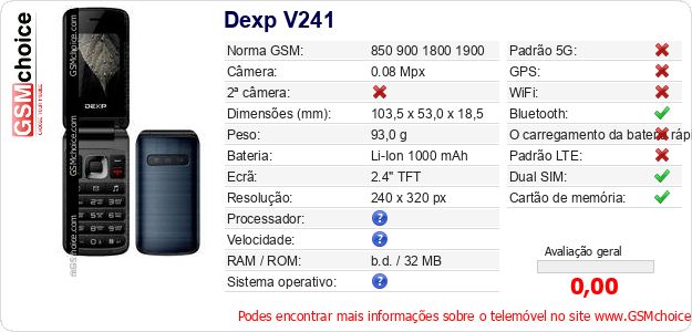 Dexp V241 Especificações técnicas do telemóvel 