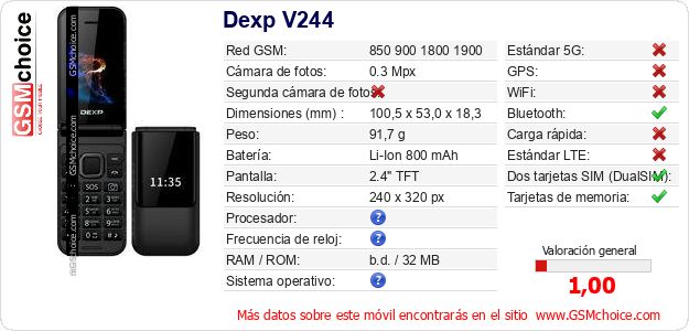 Dexp V244 Datos técnicos del móvil Dexp V244 Datos técnicos del móvil