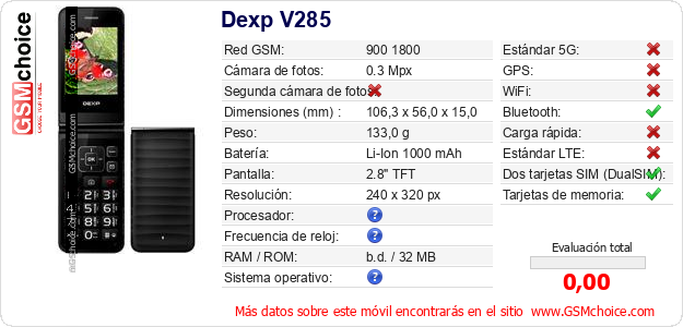 Dexp V285 Datos técnicos del móvil 