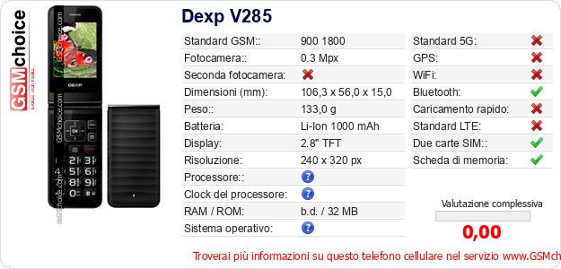 Dexp V285 Dati tecnici di telefono cellulare Dexp V285 Dati tecnici di telefono cellulare