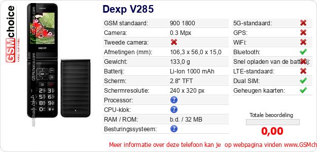 Dexp V285 Technische gegevens Dexp V285 Technische gegevens