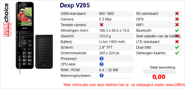 Dexp V285 Technische gegevens Dexp V285 Technische gegevens