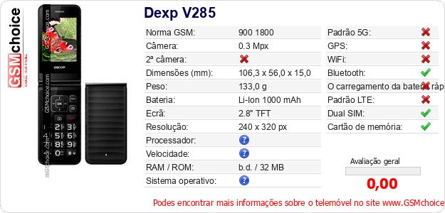 Dexp V285 Especificações técnicas do telemóvel 