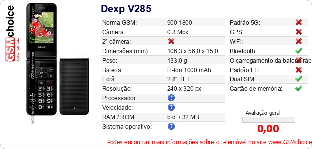 Dexp V285 Especificações técnicas do telemóvel 
