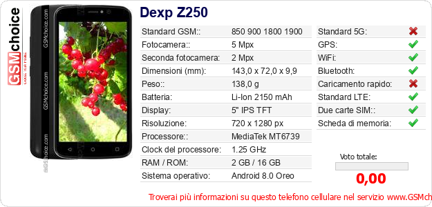 Dexp Z250 Dati tecnici di telefono cellulare 