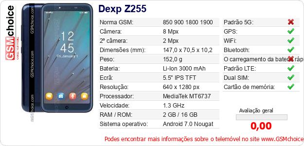Dexp Z255 Especificações técnicas do telemóvel Dexp Z255 Especificações técnicas do telemóvel
