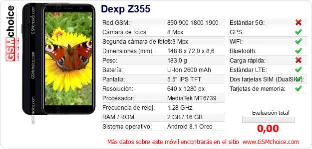 Dexp Z355 Datos técnicos del móvil 