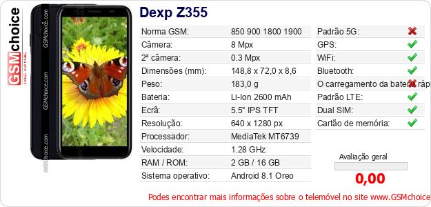 Dexp Z355 Especificações técnicas do telemóvel Dexp Z355 Especificações técnicas do telemóvel