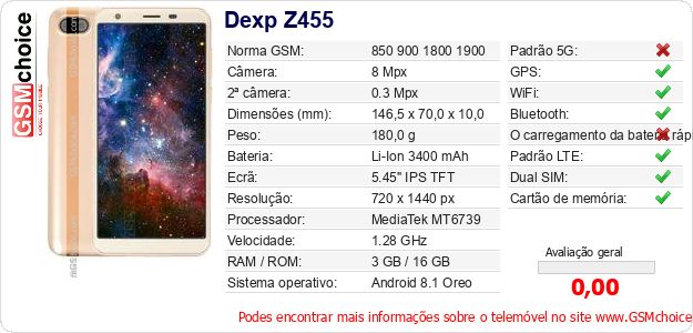 Dexp Z455 Especificações técnicas do telemóvel 